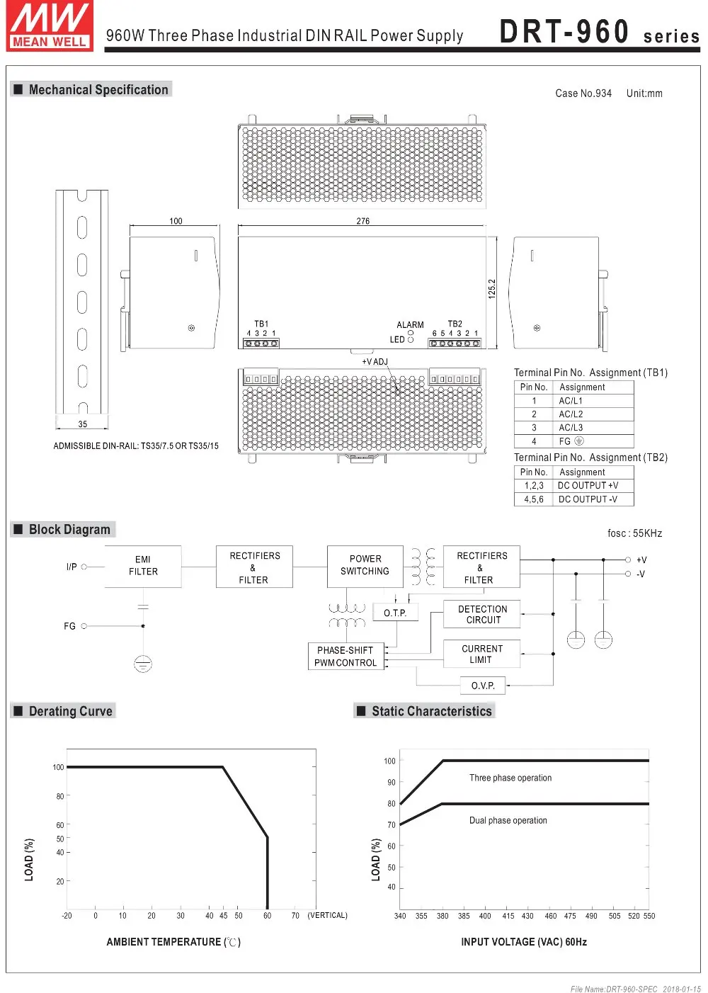 Блок питания Mean Well Enterprises DRT-960-24, Uвх=380 В, Uвых=24 В